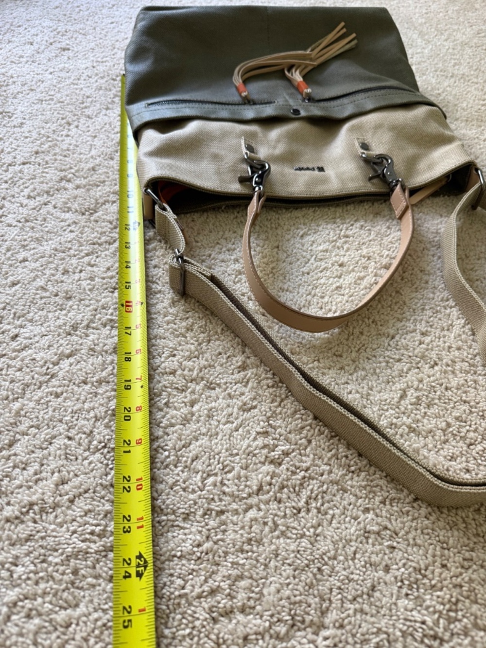 Sherpani Ink Faith Green Tan Crossbody Bag Leather Trim Dual Handles NWT - Picture 4 of 15